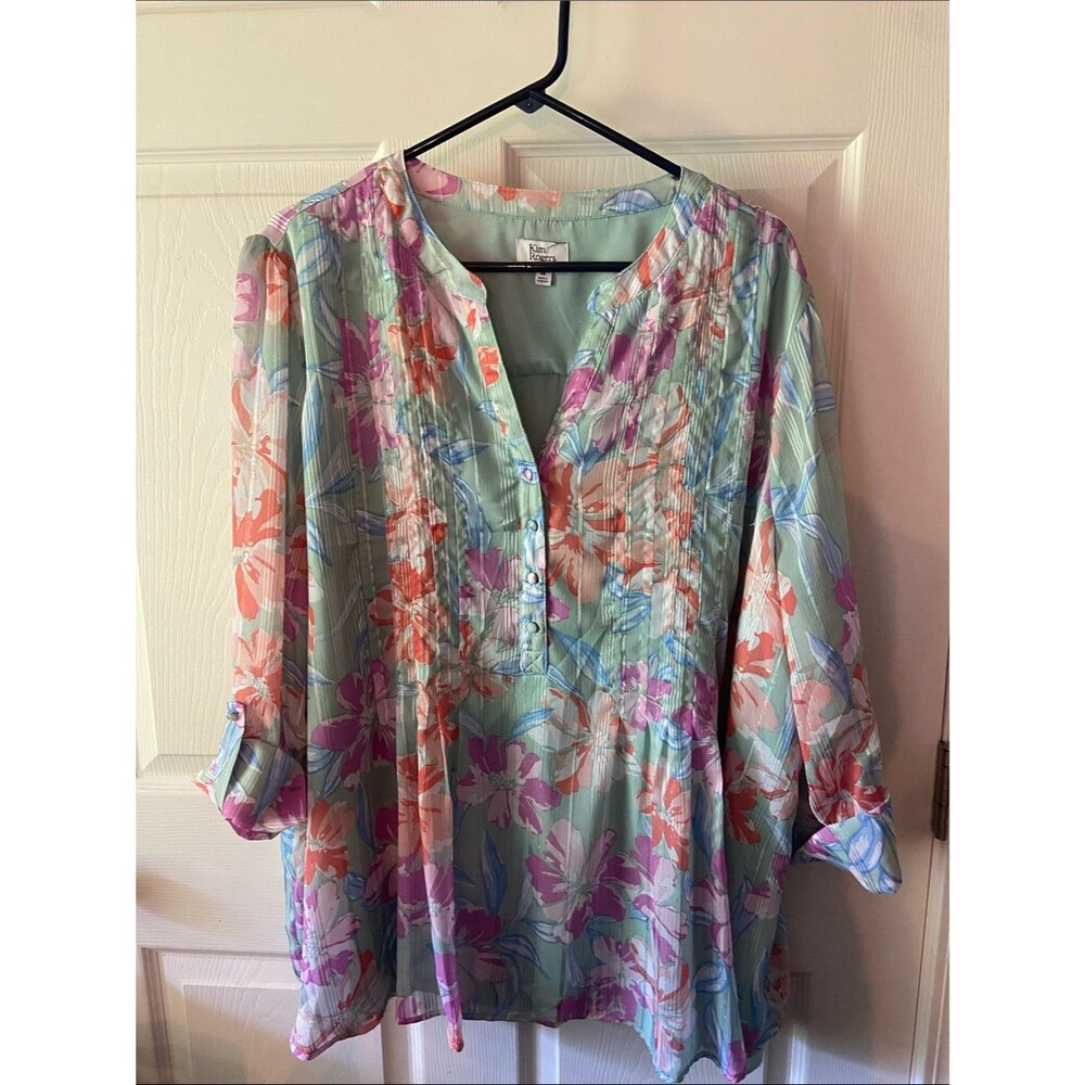 Kim Rogers Mint Green Floral Tunic with Pink & Coral Blooms plus 4x
